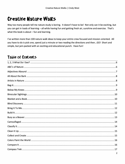 table of contents for homeschool nature study curriculum